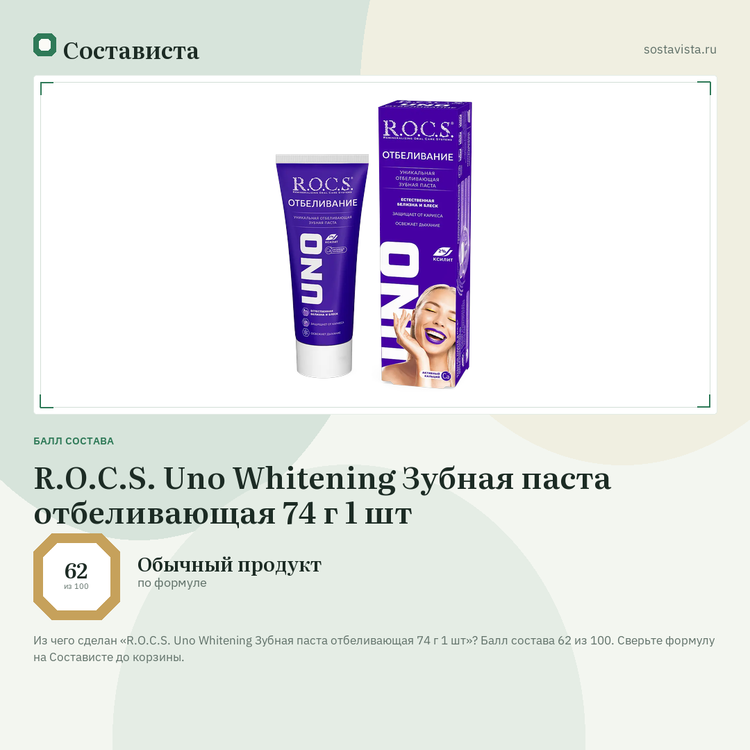 R.O.C.S. Uno Whitening Зубная паста отбеливающая 74 г 1 шт: балл состава 62 из 100 — Состависта