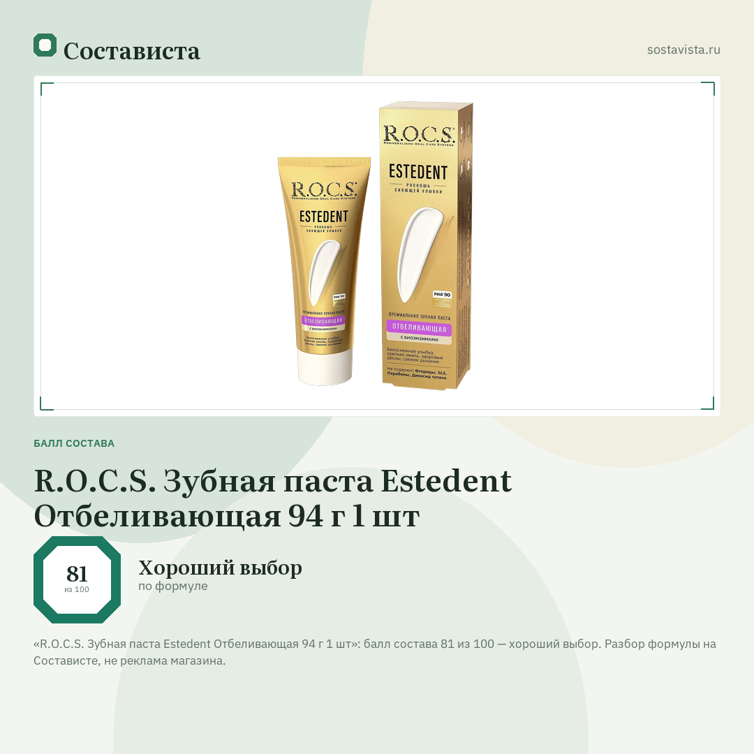 R.O.C.S. Зубная паста Estedent Отбеливающая 94 г 1 шт: балл состава 81 из 100 — Состависта
