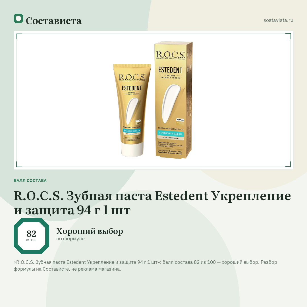R.O.C.S. Зубная паста Estedent Укрепление и защита 94 г 1 шт: балл состава 82 из 100 — Состависта