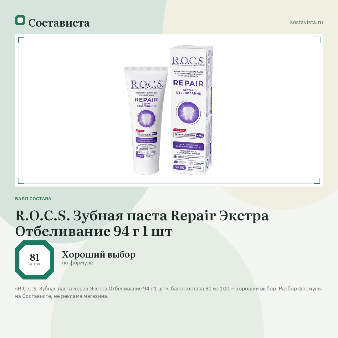 R.O.C.S. Зубная паста Repair Экстра Отбеливание 94 г 1 шт: балл состава 81 из 100 — Состависта
