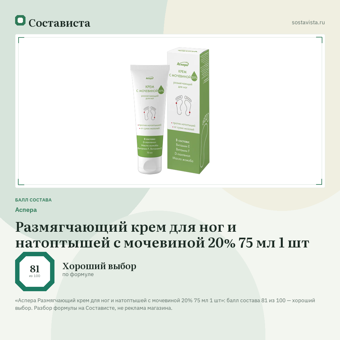 Аспера Размягчающий крем для ног и натоптышей с мочевиной 20% 75 мл 1 шт: балл состава 81 из 100 — Состависта