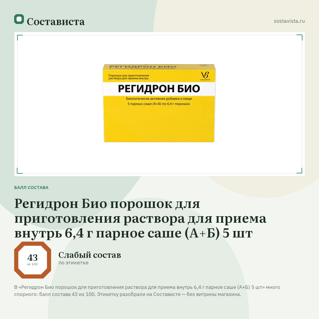Регидрон Био порошок для приготовления раствора для приема внутрь 6,4 г парное саше (А+Б) 5 шт: балл состава 43 из 100 — Состависта
