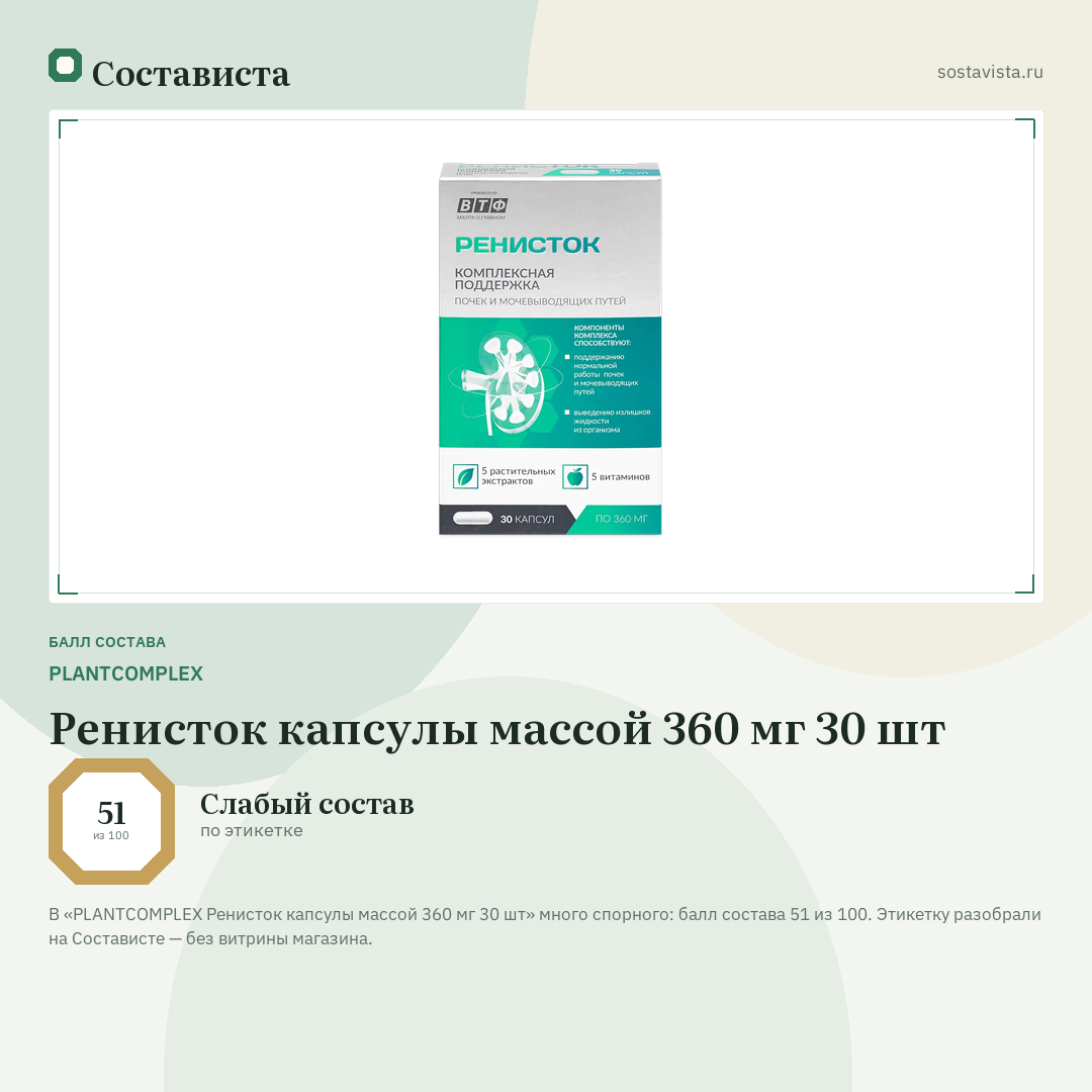 PLANTCOMPLEX Ренисток капсулы массой 360 мг 30 шт: балл состава 51 из 100 — Состависта