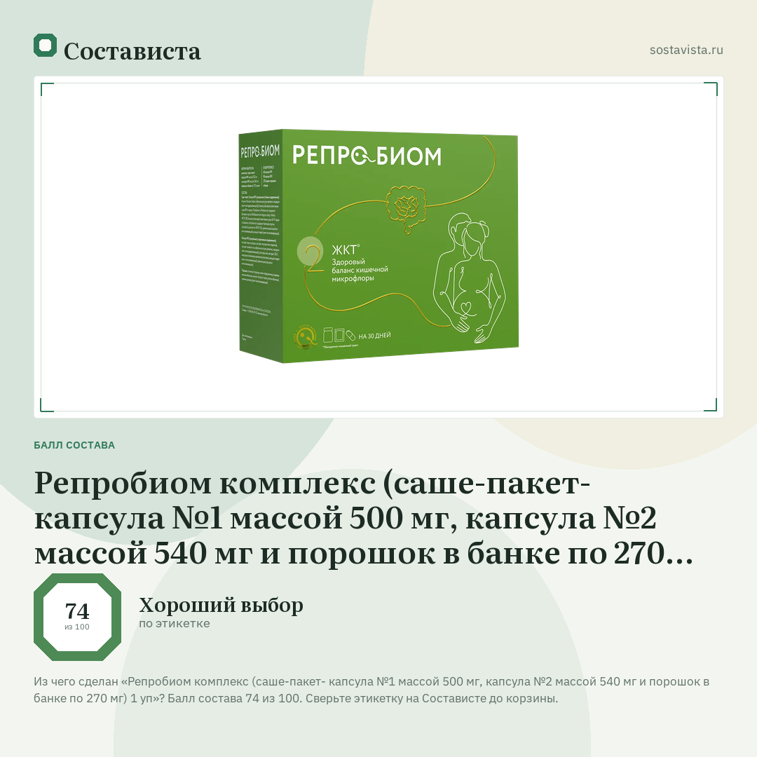 Репробиом комплекс (саше-пакет- капсула №1 массой 500 мг, капсула №2 массой 540 мг и порошок в банке по 270 мг) 1 уп: балл состава 74 из 100 — Состависта