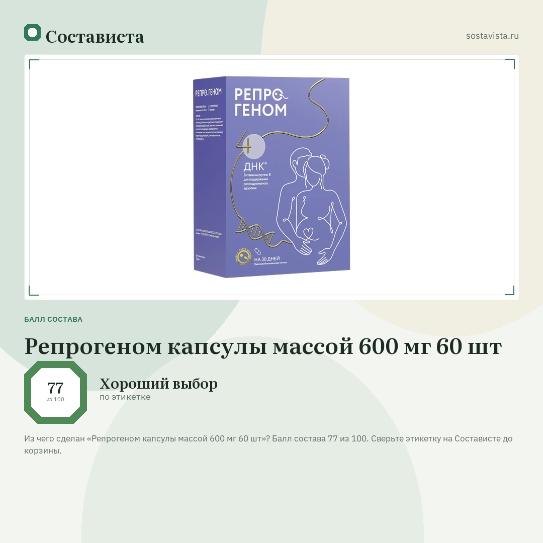 Репрогеном капсулы массой 600 мг 60 шт: балл состава 77 из 100 — Состависта