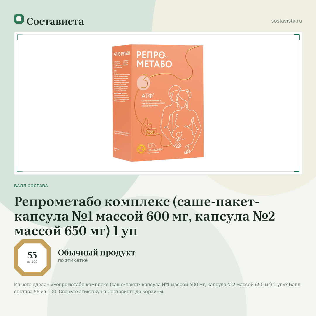 Репрометабо комплекс (саше-пакет- капсула №1 массой 600 мг, капсула №2 массой 650 мг) 1 уп: балл состава 55 из 100 — Состависта
