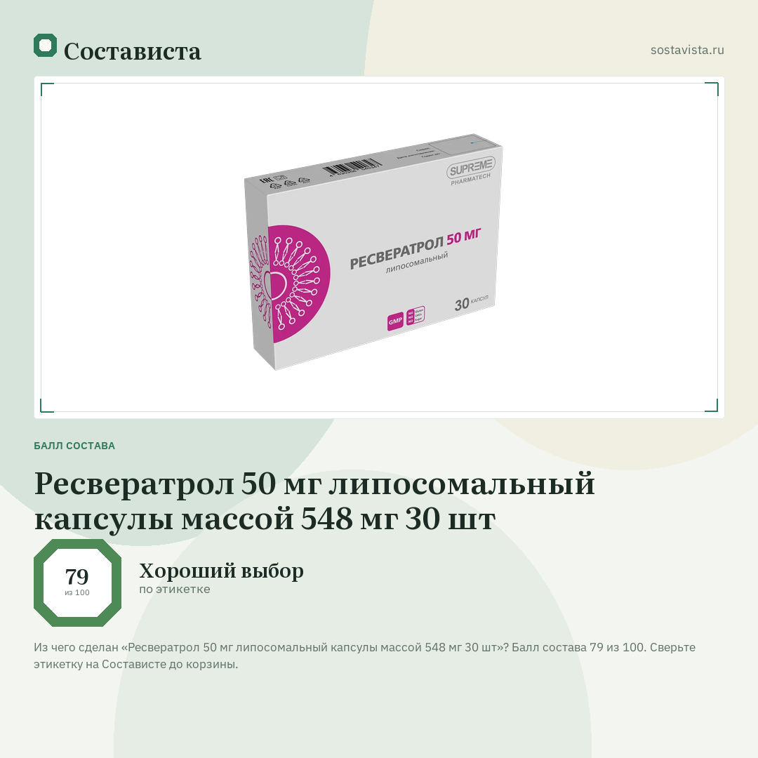 Ресвератрол 50 мг липосомальный капсулы массой 548 мг 30 шт: балл состава 79 из 100 — Состависта