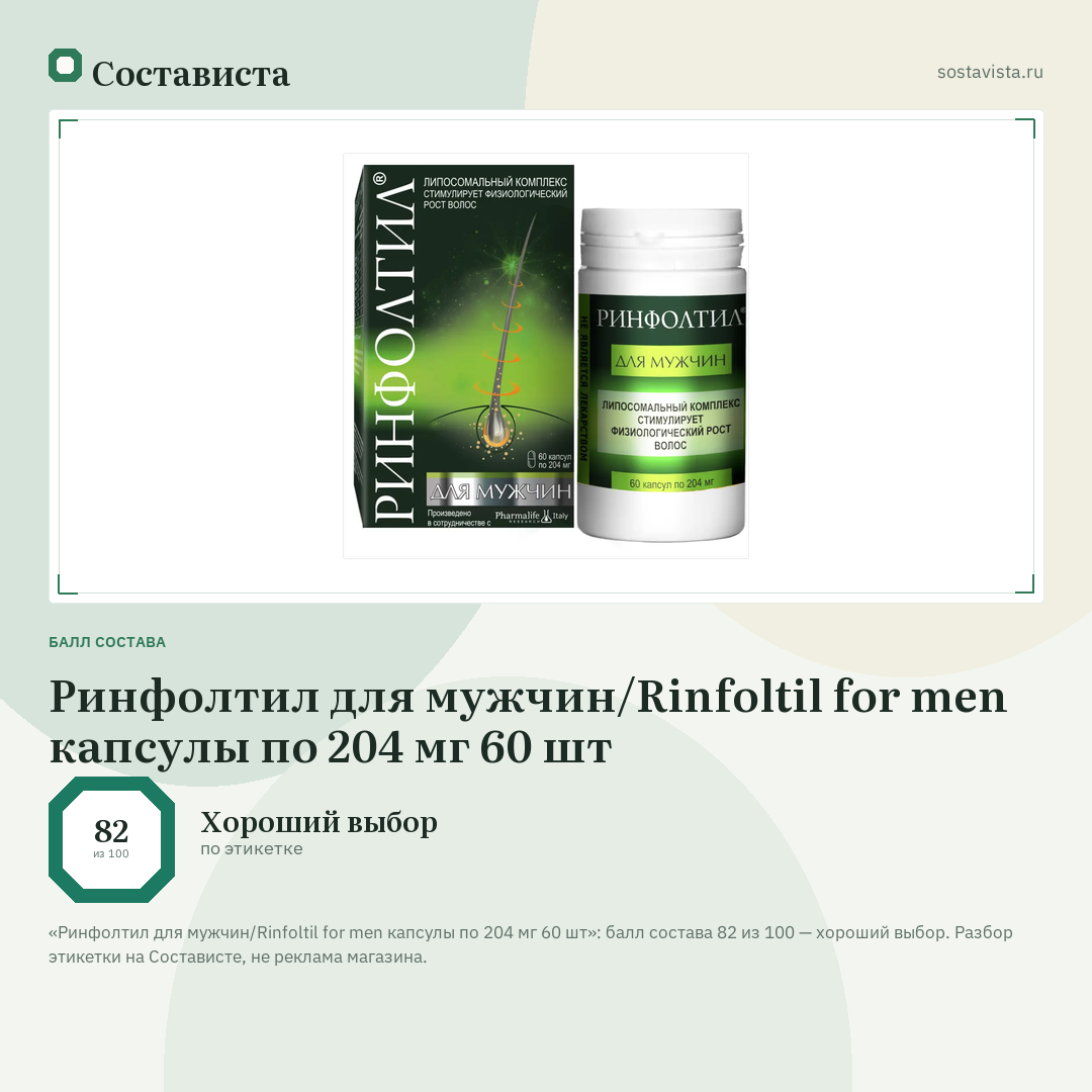 Ринфолтил для мужчин/Rinfoltil for men капсулы по 204 мг 60 шт: балл состава 82 из 100 — Состависта