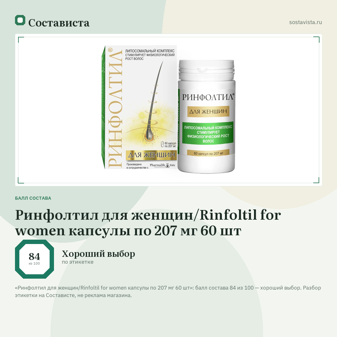 Ринфолтил для женщин/Rinfoltil for women капсулы по 207 мг 60 шт: балл состава 84 из 100 — Состависта