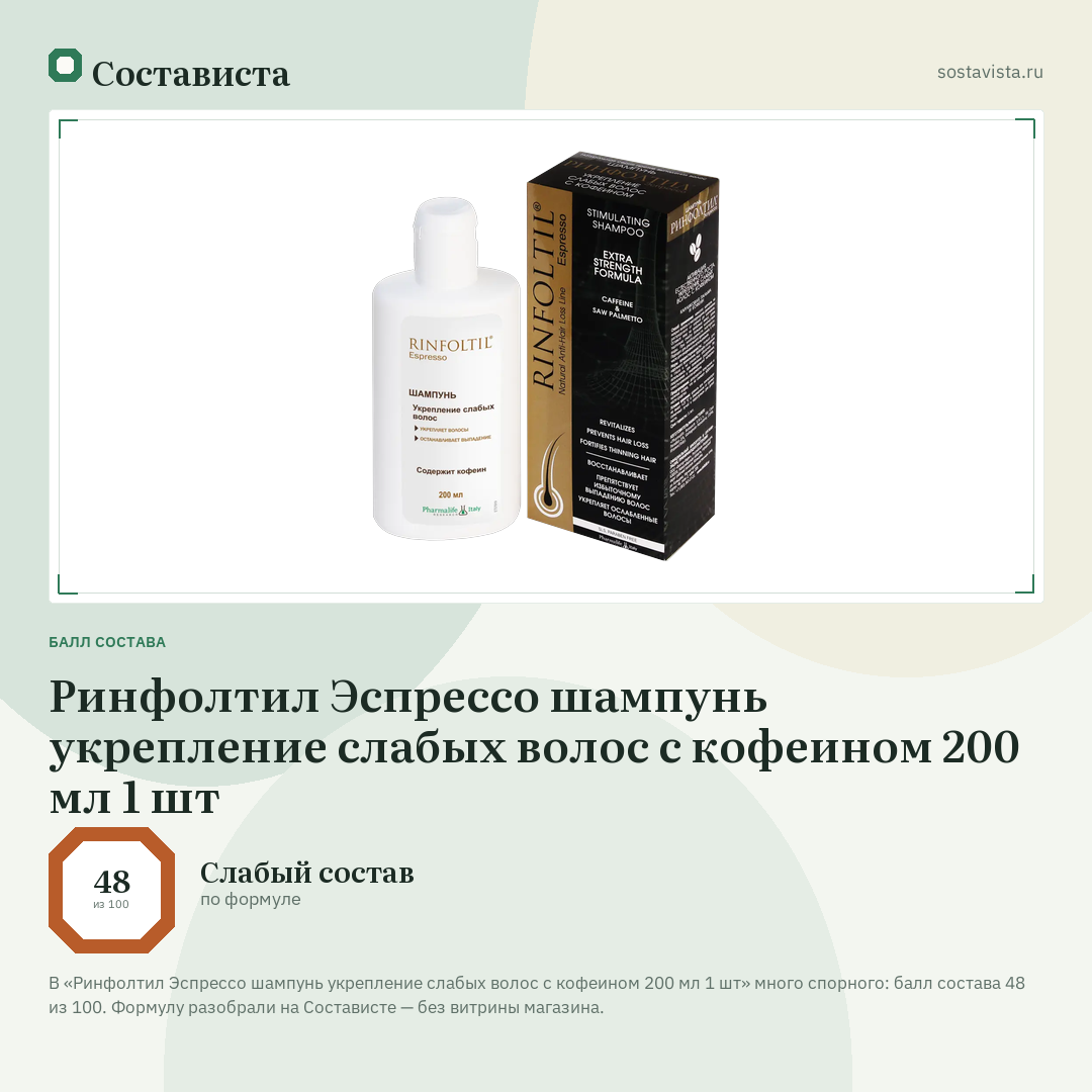 Ринфолтил Эспрессо шампунь укрепление слабых волос с кофеином 200 мл 1 шт: балл состава 48 из 100 — Состависта