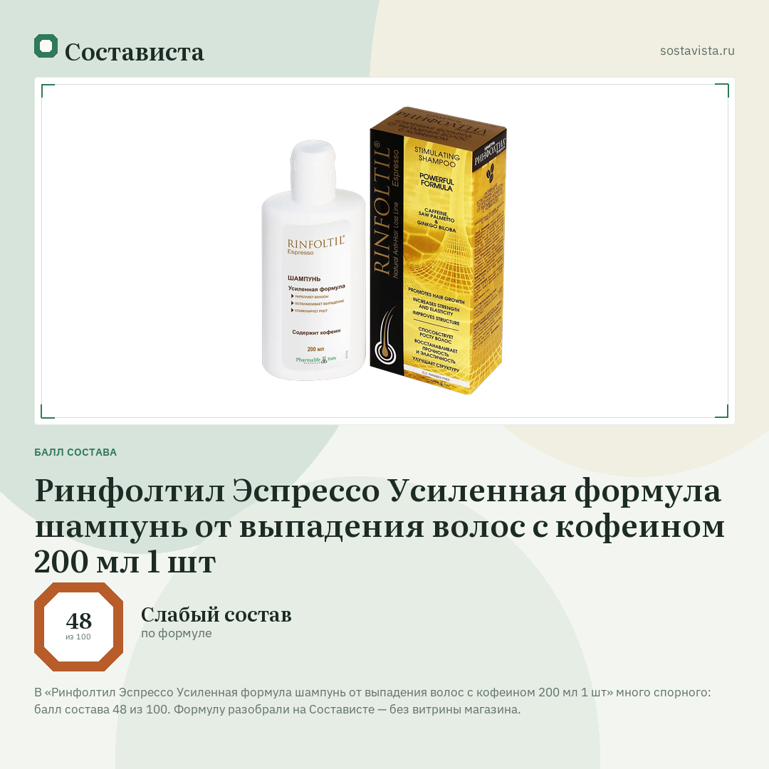 Ринфолтил Эспрессо Усиленная формула шампунь от выпадения волос с кофеином 200 мл 1 шт: балл состава 48 из 100 — Состависта
