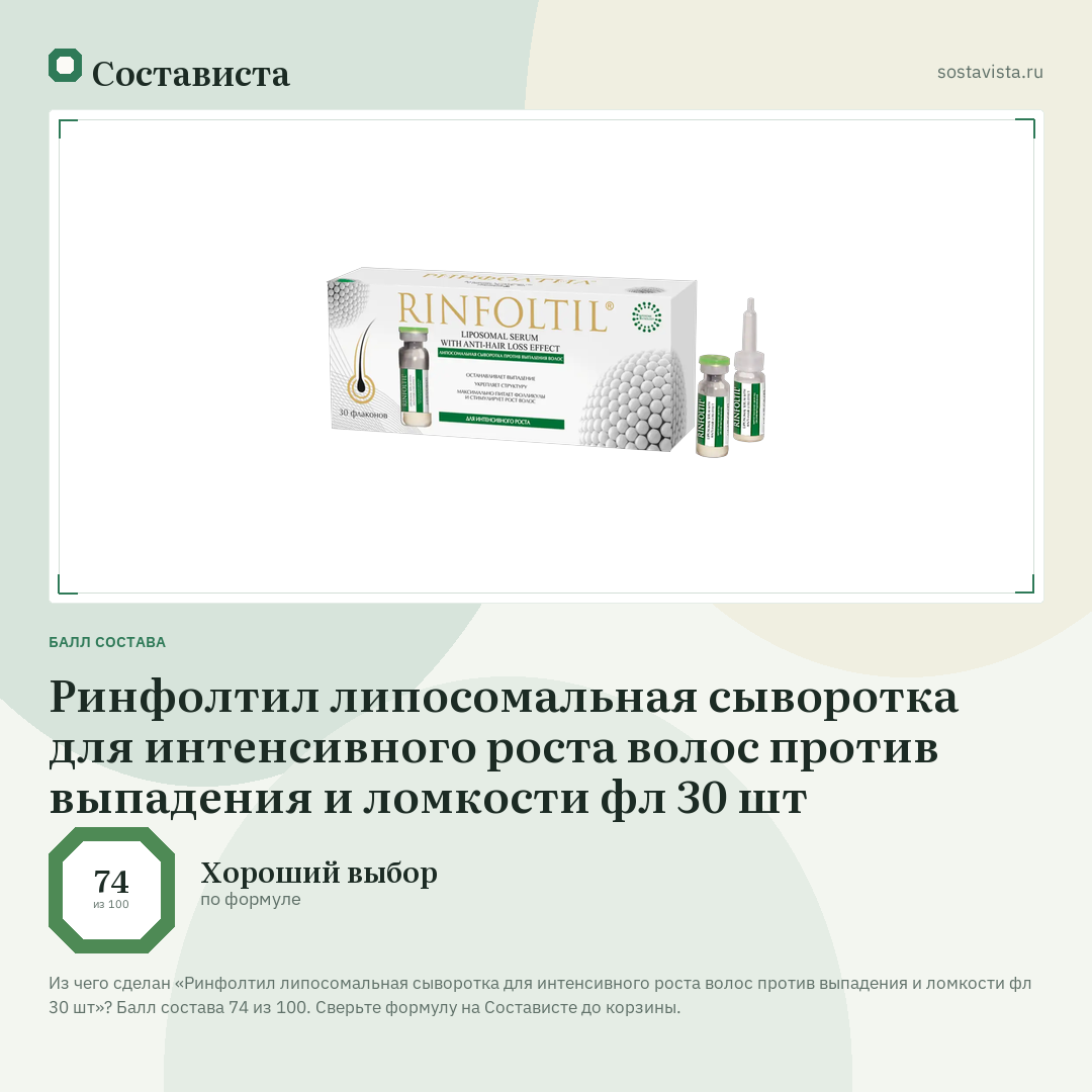 Ринфолтил липосомальная сыворотка для интенсивного роста волос против выпадения и ломкости фл 30 шт: балл состава 74 из 100 — Состависта