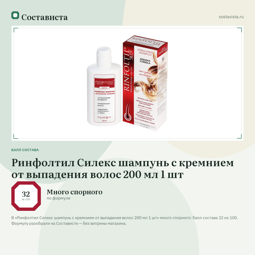 Ринфолтил Силекс шампунь с кремнием от выпадения волос 200 мл 1 шт: балл состава 32 из 100 — Состависта