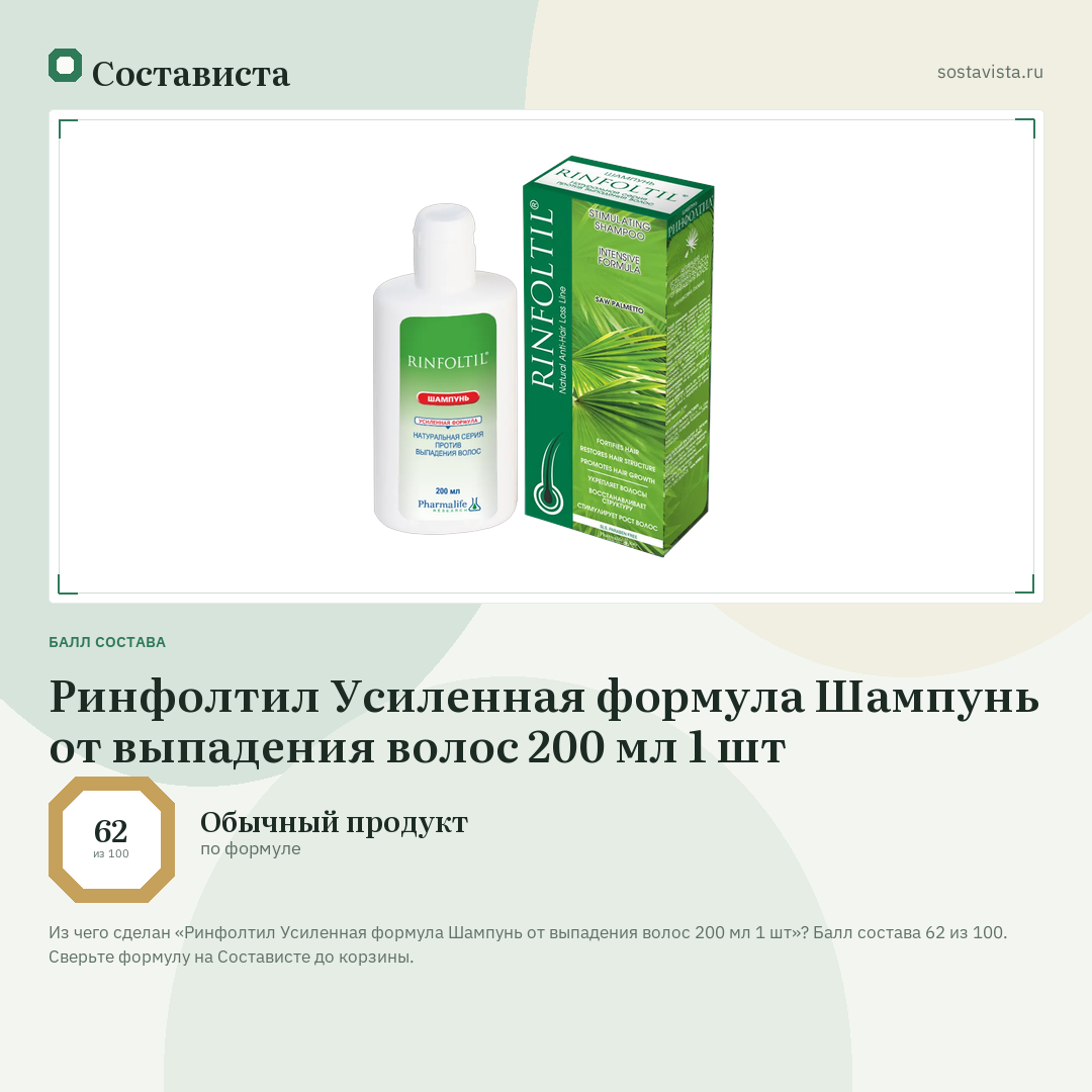 Ринфолтил Усиленная формула Шампунь от выпадения волос 200 мл 1 шт: балл состава 62 из 100 — Состависта