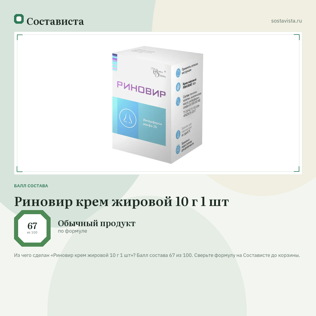 Риновир крем жировой 10 г 1 шт: балл состава 67 из 100 — Состависта