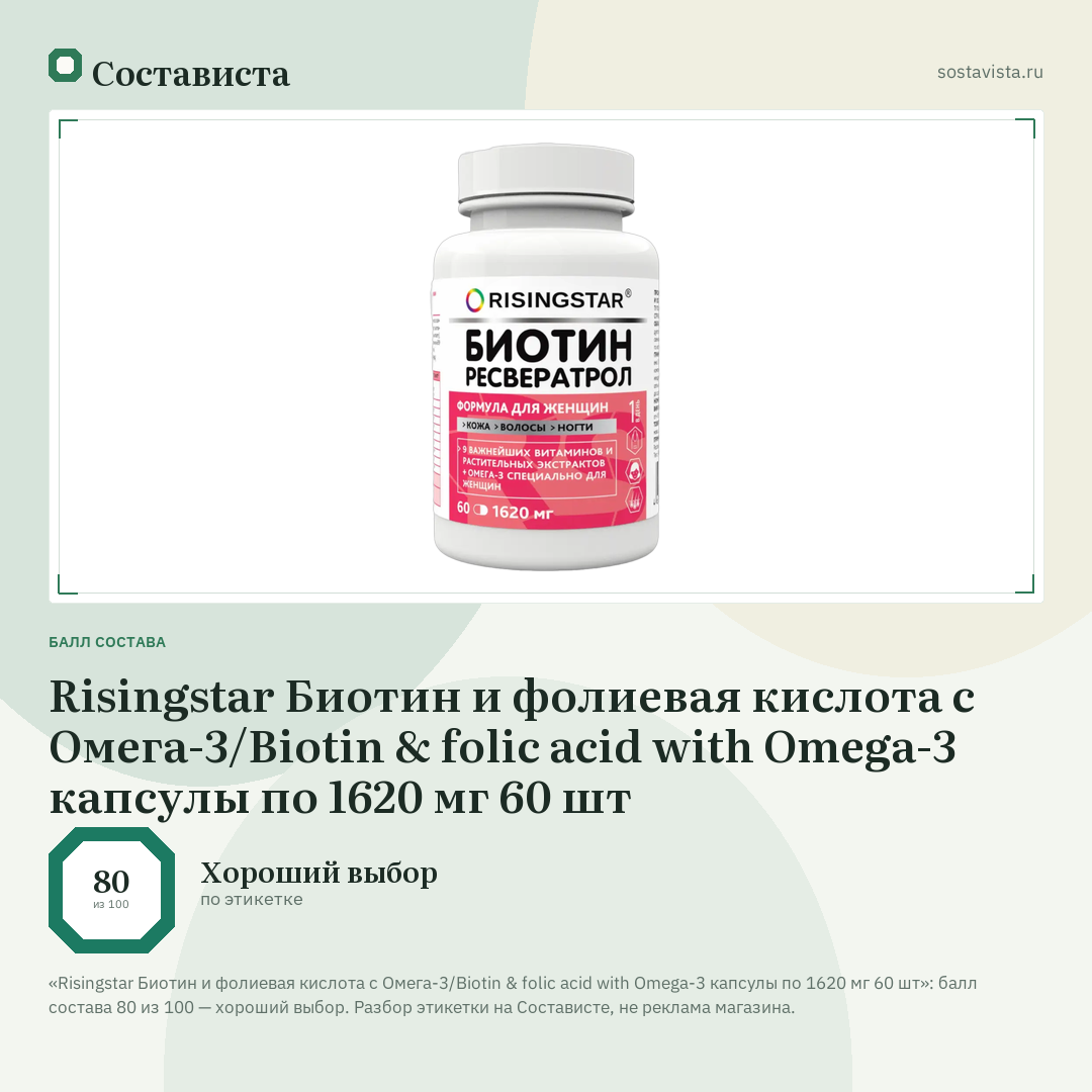 Risingstar Биотин и фолиевая кислота с Омега-3/Biotin & folic acid with Omega-3 капсулы по 1620 мг 60 шт: балл состава 80 из 100 — Состависта