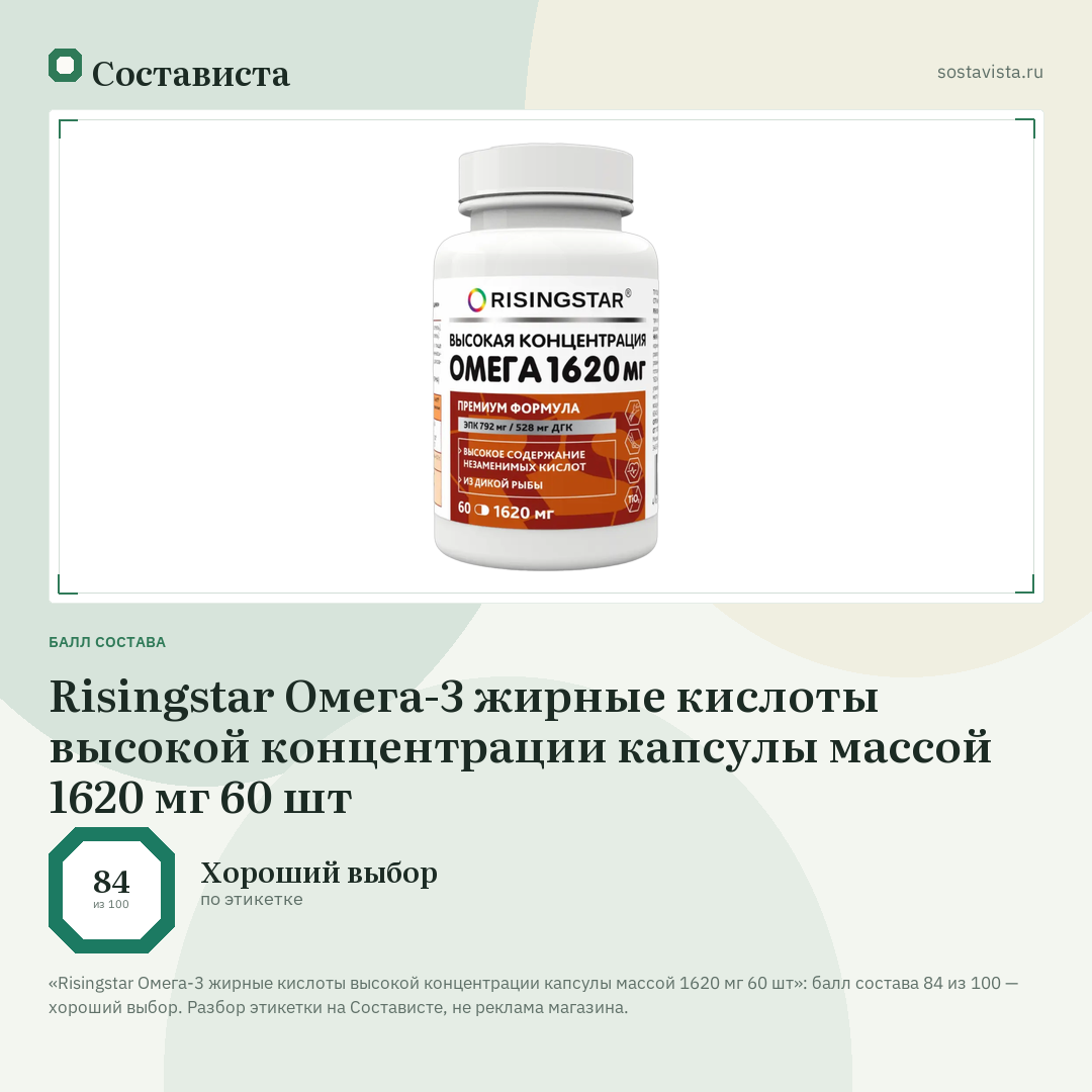 Risingstar Омега-3 жирные кислоты высокой концентрации капсулы массой 1620 мг 60 шт: балл состава 84 из 100 — Состависта