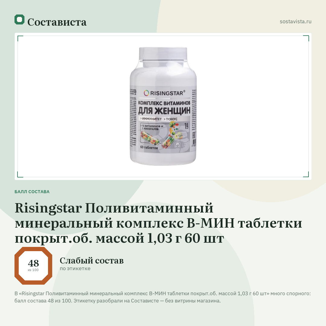 Risingstar Поливитаминный минеральный комплекс В-МИН таблетки покрыт.об. массой 1,03 г 60 шт: балл состава 48 из 100 — Состависта