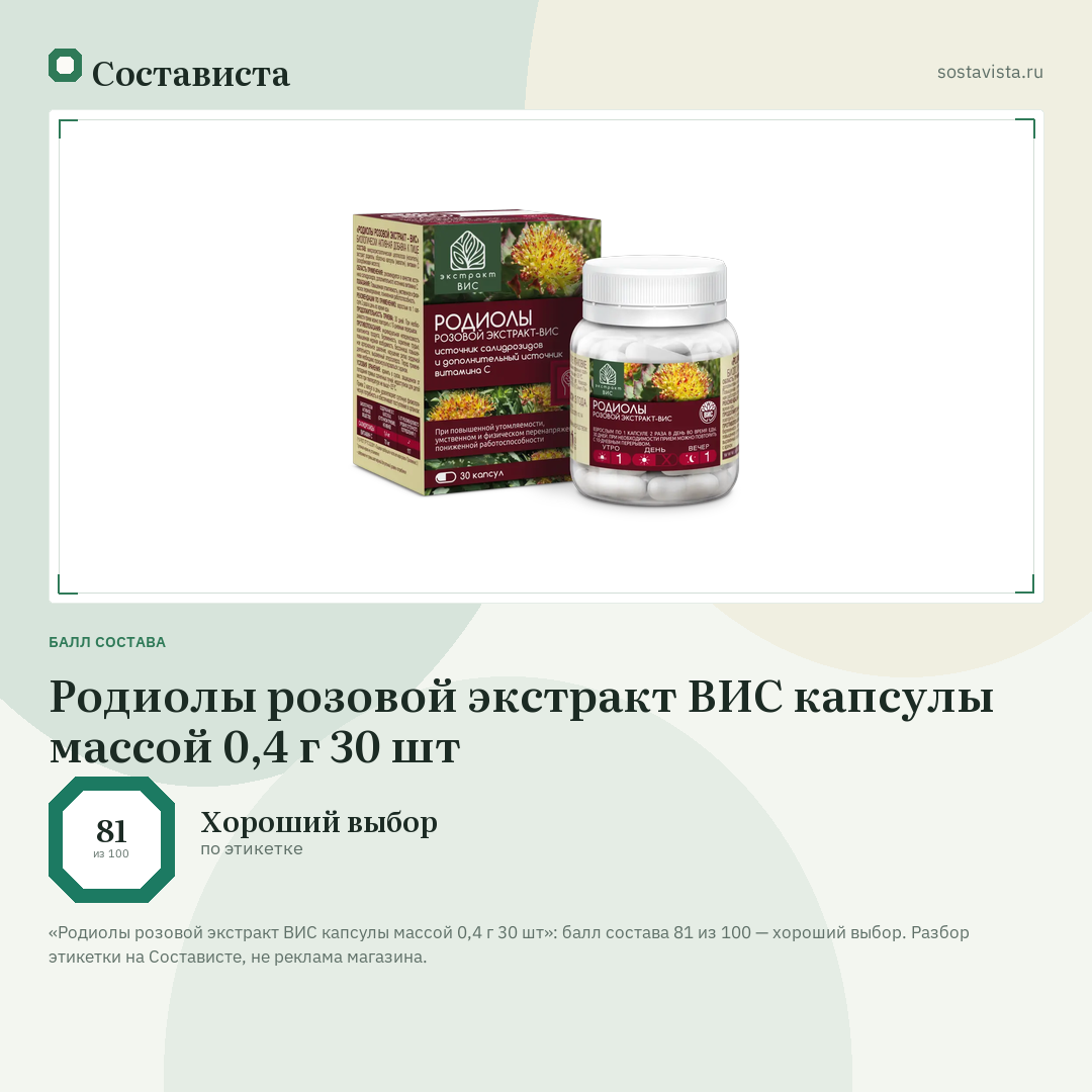 Родиолы розовой экстракт ВИС капсулы массой 0,4 г 30 шт: балл состава 81 из 100 — Состависта