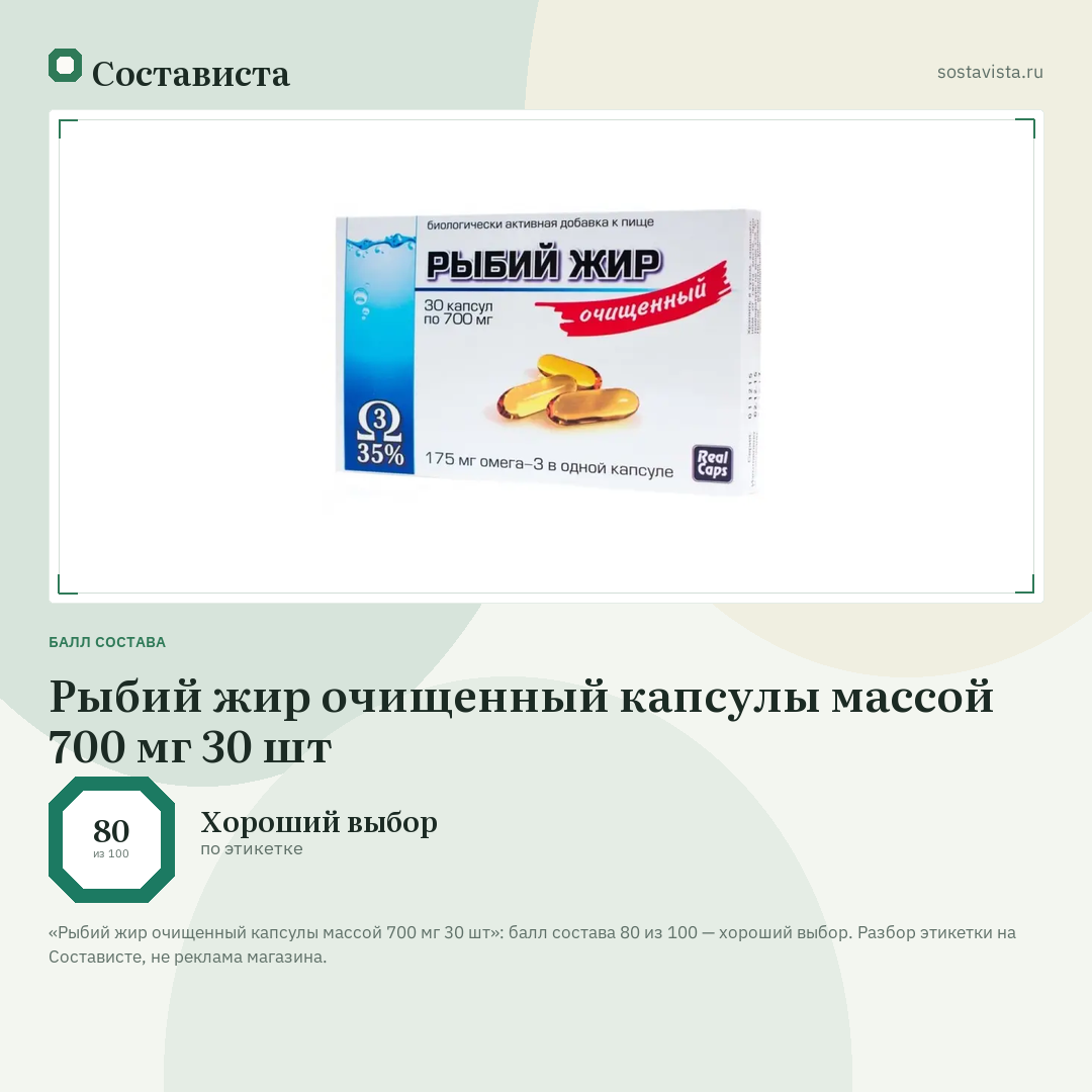 Рыбий жир очищенный капсулы массой 700 мг 30 шт: балл состава 80 из 100 — Состависта