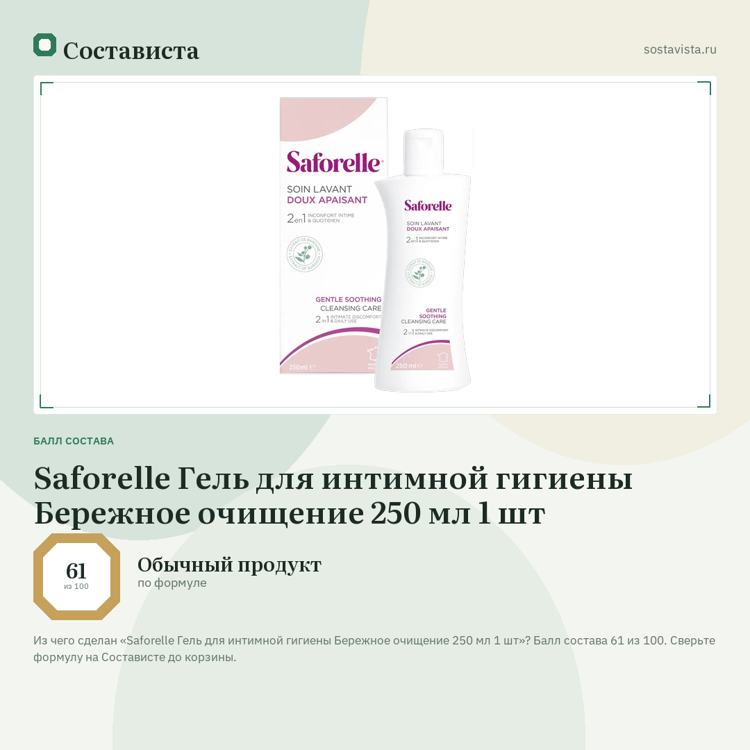 Saforelle Гель для интимной гигиены Бережное очищение 250 мл 1 шт: балл состава 61 из 100 — Состависта
