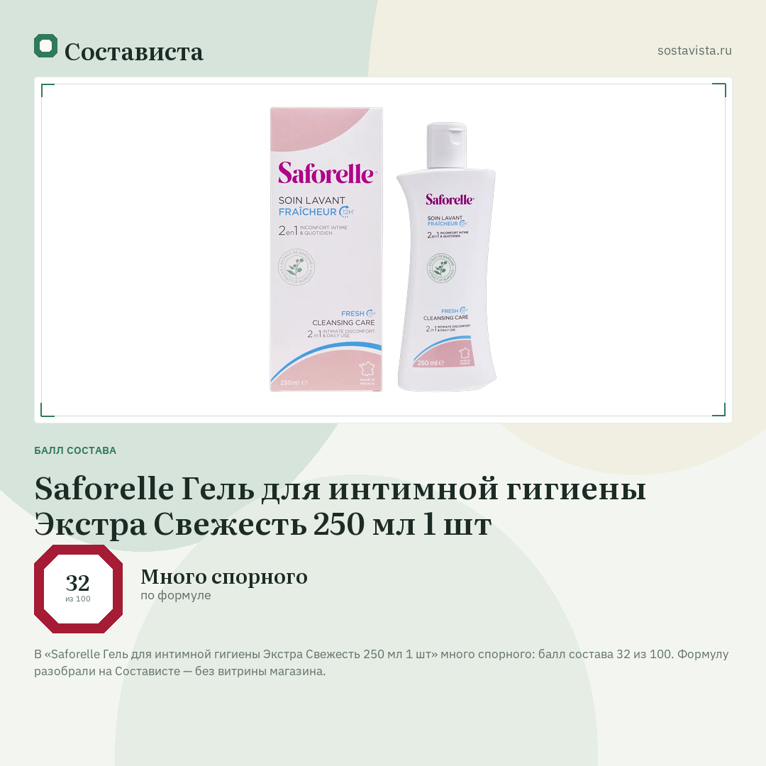 Saforelle Гель для интимной гигиены Экстра Свежесть 250 мл 1 шт: балл состава 32 из 100 — Состависта