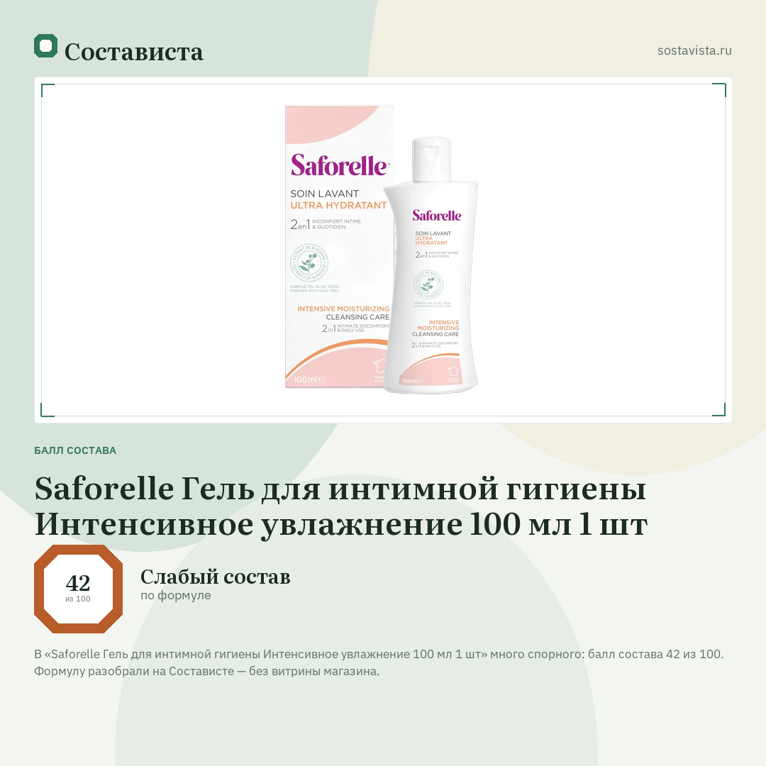 Saforelle Гель для интимной гигиены Интенсивное увлажнение 100 мл 1 шт: балл состава 42 из 100 — Состависта