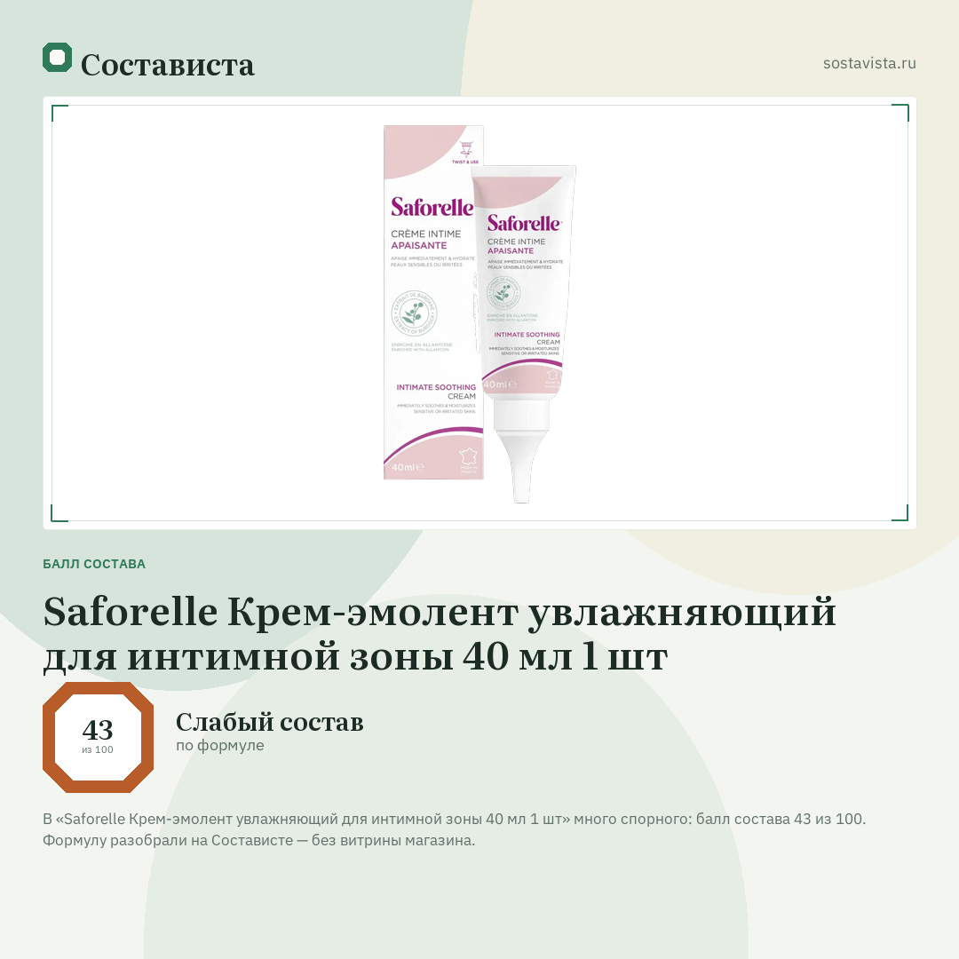 Saforelle Крем-эмолент увлажняющий для интимной зоны 40 мл 1 шт: балл состава 43 из 100 — Состависта