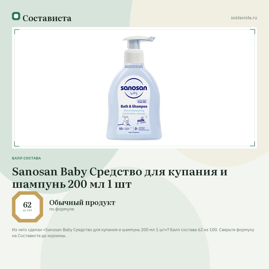 Sanosan Baby Средство для купания и шампунь 200 мл 1 шт: балл состава 62 из 100 — Состависта