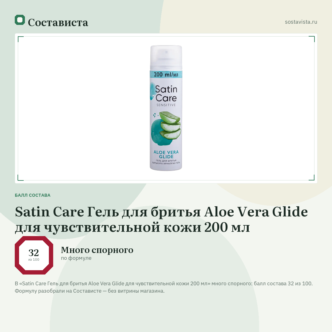 Satin Care Гель для бритья Aloe Vera Glide для чувствительной кожи 200 мл: балл состава 32 из 100 — Состависта