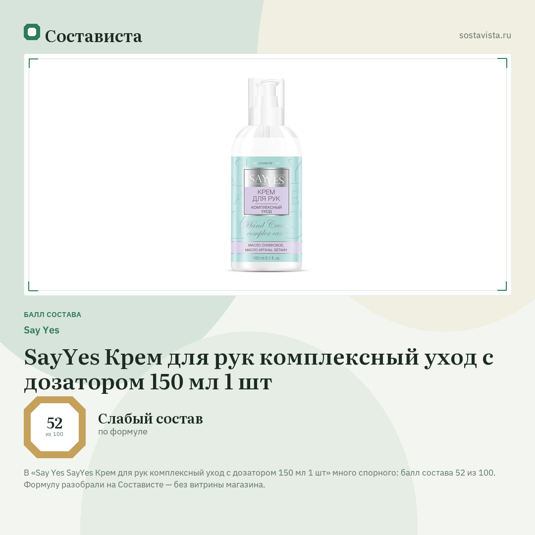 Say Yes SayYes Крем для рук комплексный уход с дозатором 150 мл 1 шт: балл состава 52 из 100 — Состависта