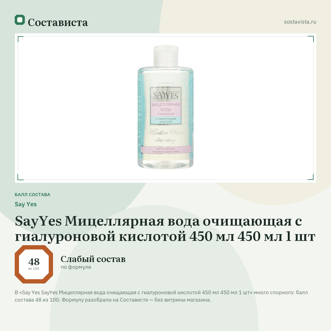 Say Yes SayYes Мицеллярная вода очищающая с гиалуроновой кислотой 450 мл 450 мл 1 шт: балл состава 48 из 100 — Состависта