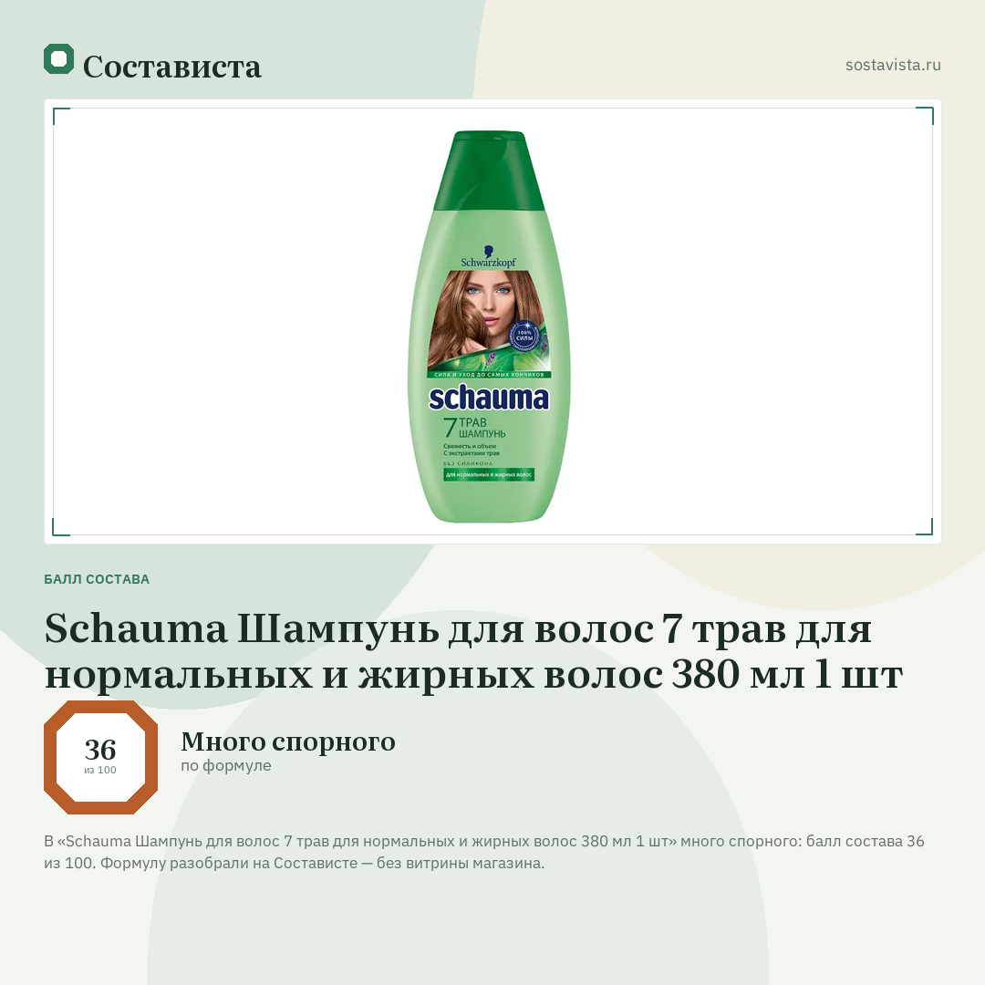 Schauma Шампунь для волос 7 трав для нормальных и жирных волос 380 мл 1 шт: балл состава 36 из 100 — Состависта