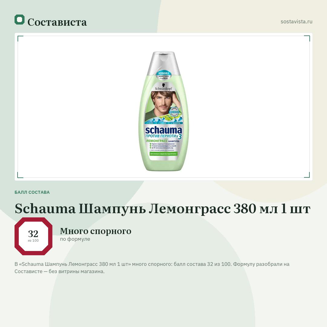 Schauma Шампунь Лемонграсс 380 мл 1 шт: балл состава 32 из 100 — Состависта