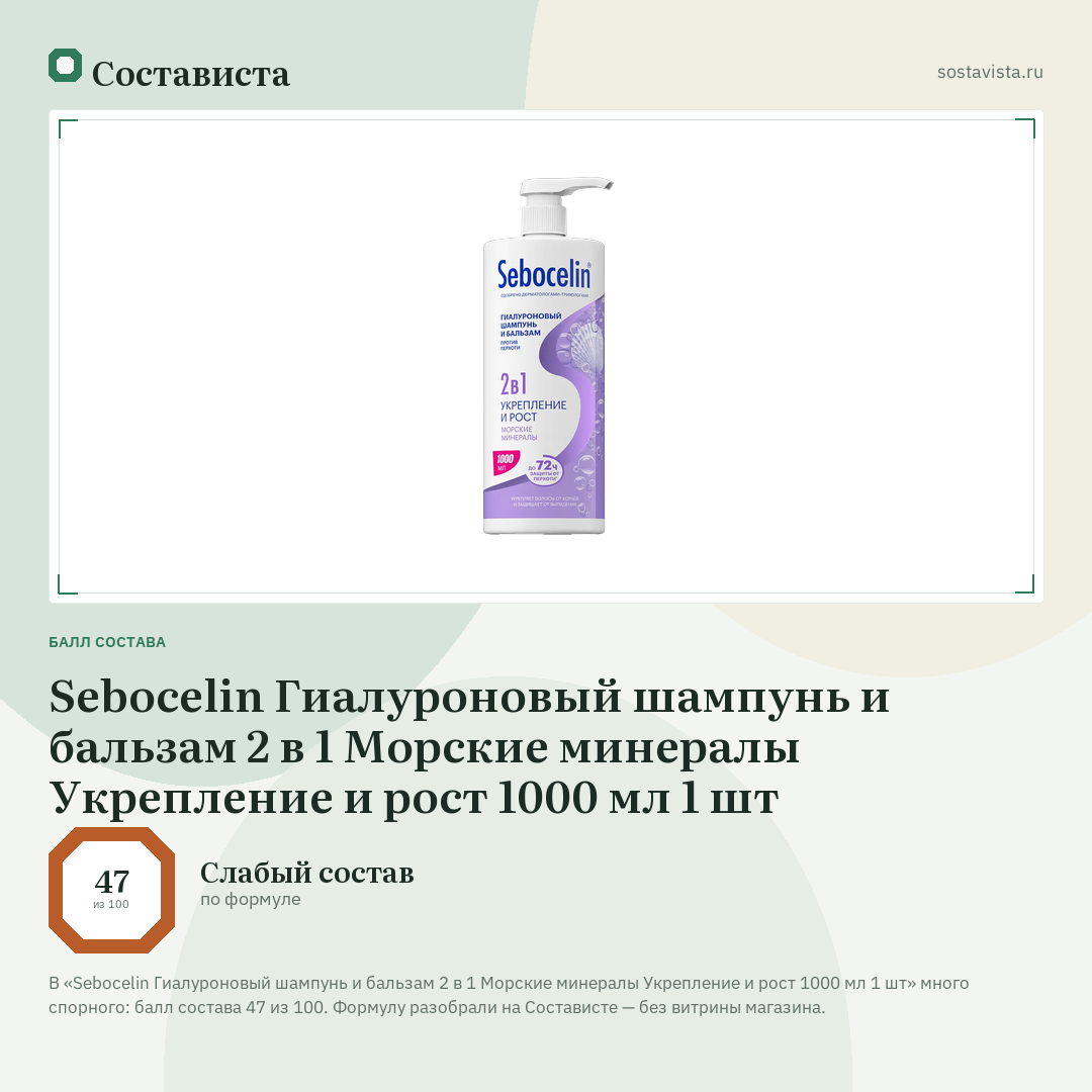 Sebocelin Гиалуроновый шампунь и бальзам 2 в 1 Морские минералы Укрепление и рост 1000 мл 1 шт: балл состава 47 из 100 — Состависта