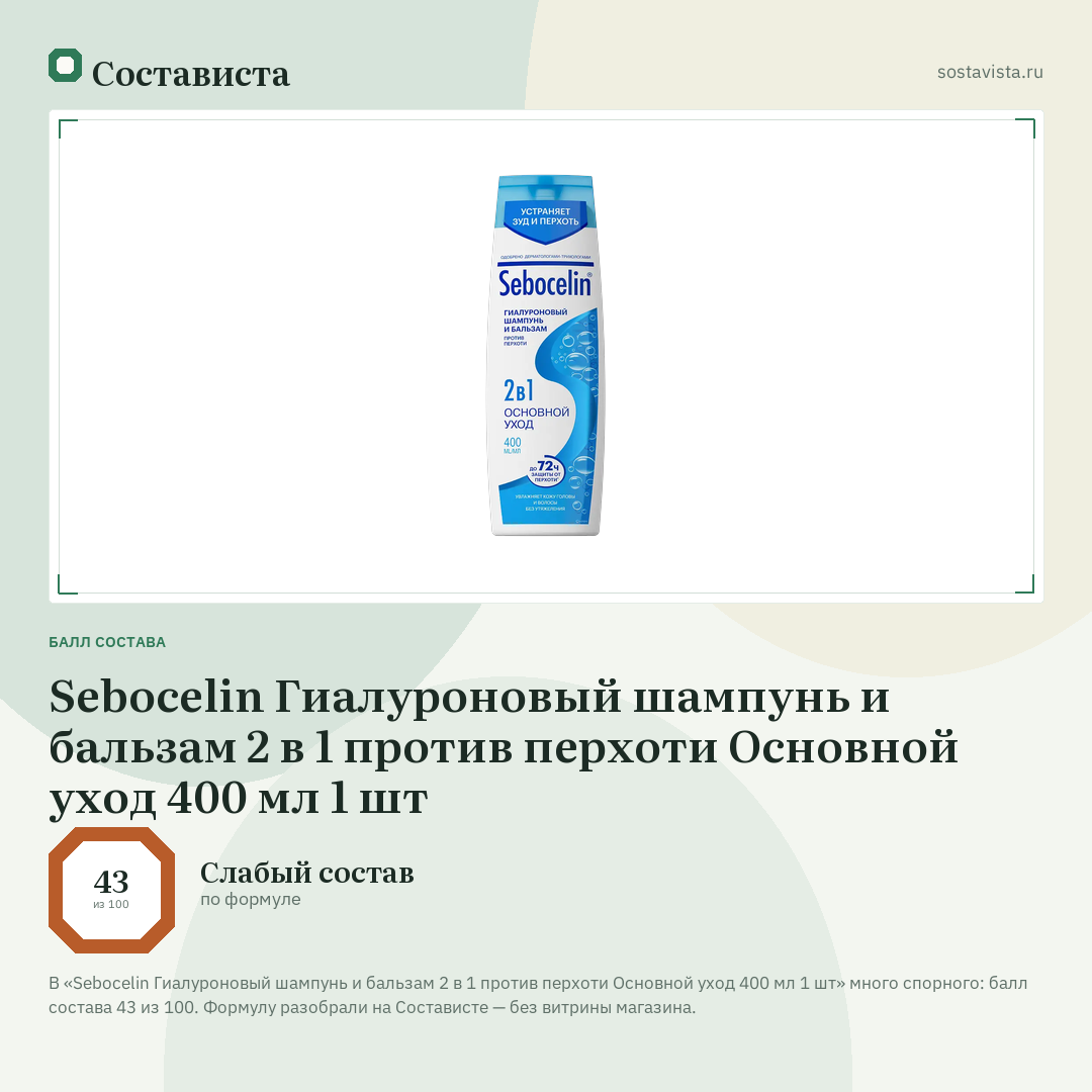 Sebocelin Гиалуроновый шампунь и бальзам 2 в 1 против перхоти Основной уход 400 мл 1 шт: балл состава 43 из 100 — Состависта