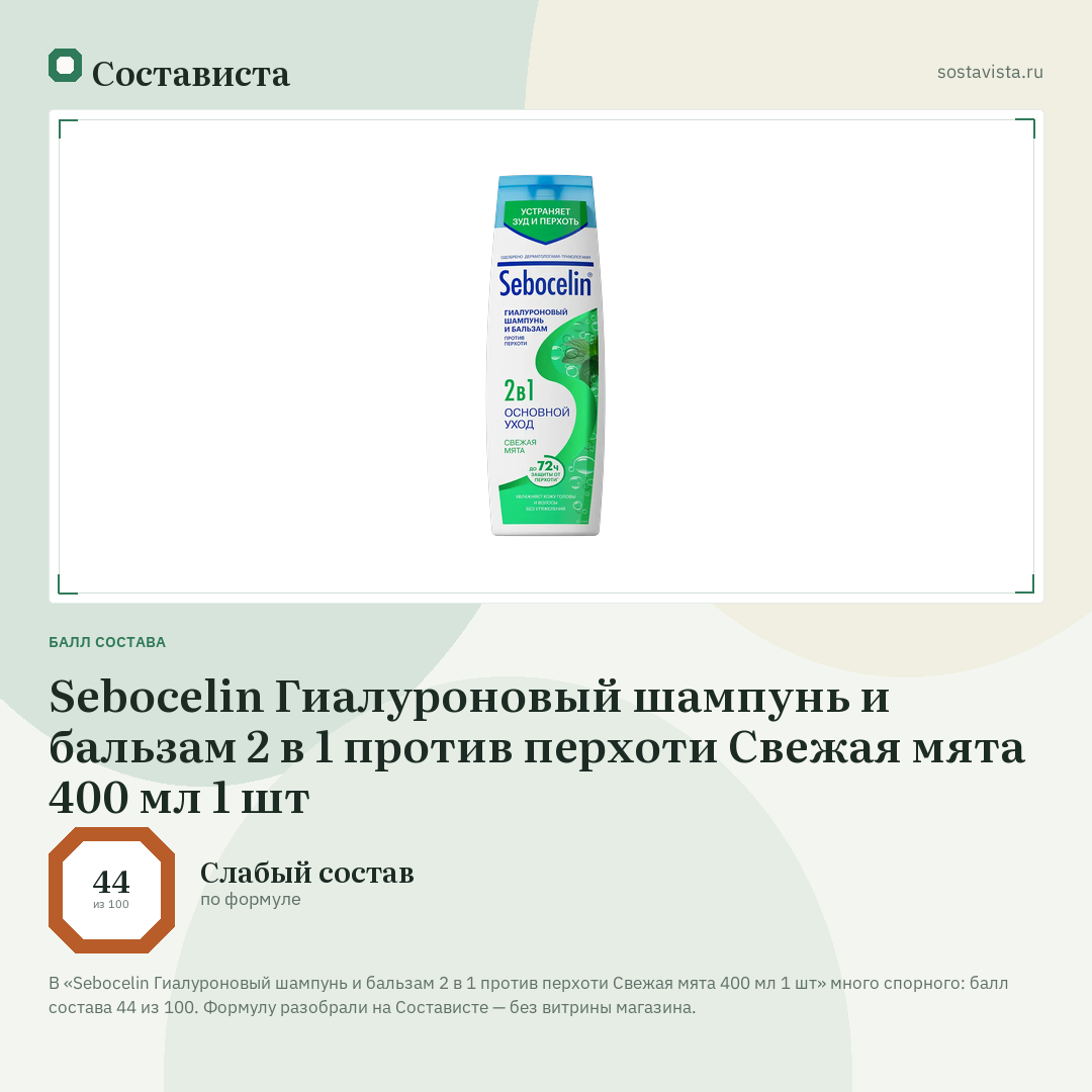 Sebocelin Гиалуроновый шампунь и бальзам 2 в 1 против перхоти Свежая мята 400 мл 1 шт: балл состава 44 из 100 — Состависта