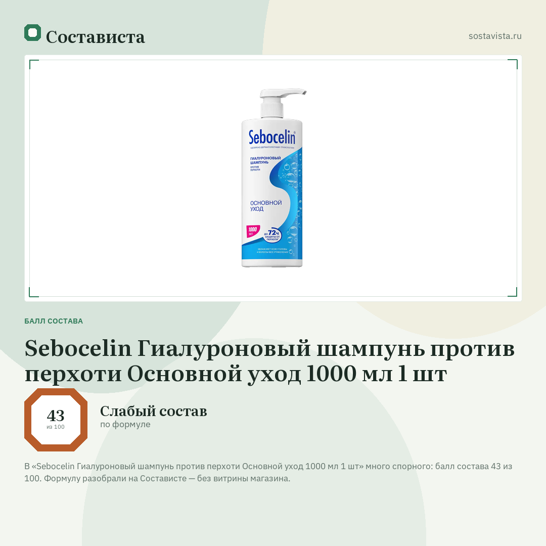 Sebocelin Гиалуроновый шампунь против перхоти Основной уход 1000 мл 1 шт: балл состава 43 из 100 — Состависта