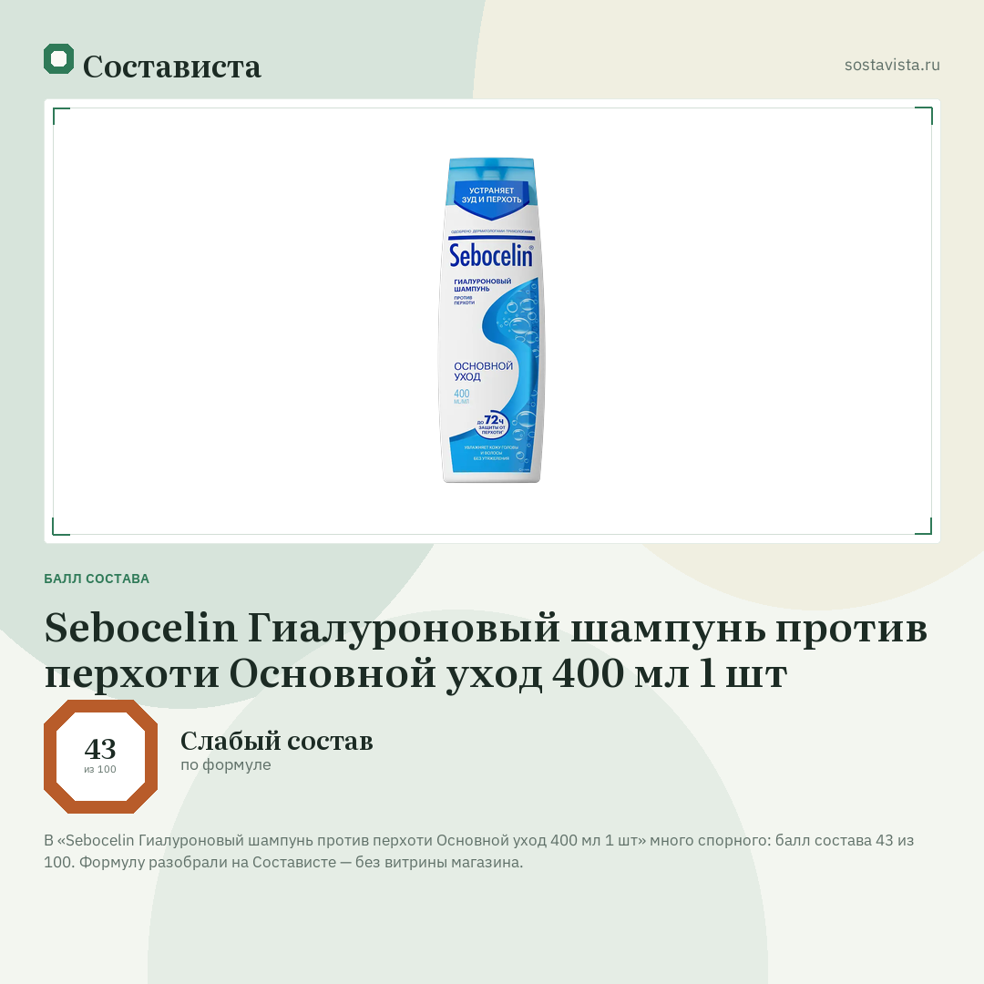 Sebocelin Гиалуроновый шампунь против перхоти Основной уход 400 мл 1 шт: балл состава 43 из 100 — Состависта