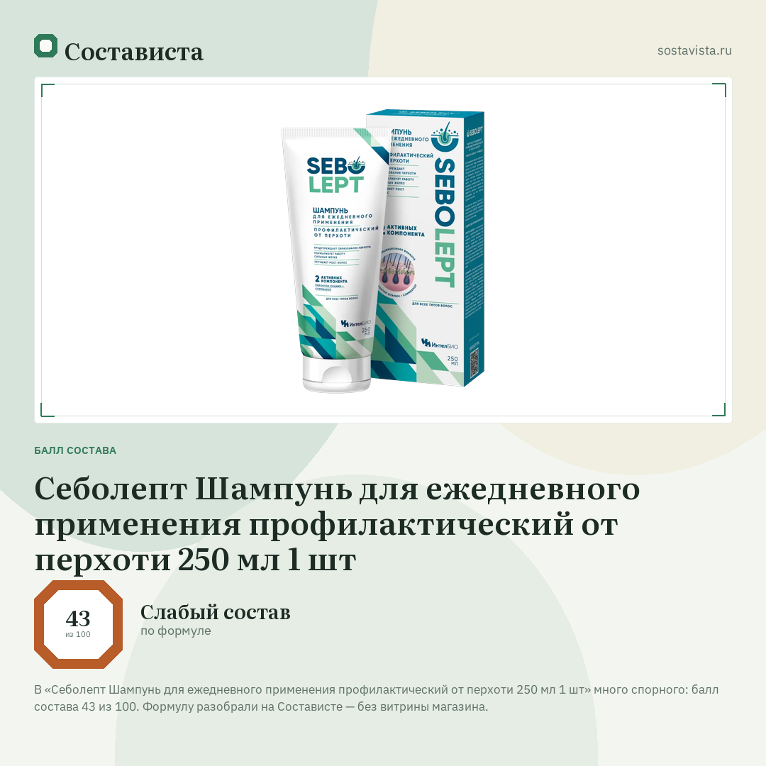 Себолепт Шампунь для ежедневного применения профилактический от перхоти 250 мл 1 шт: балл состава 43 из 100 — Состависта