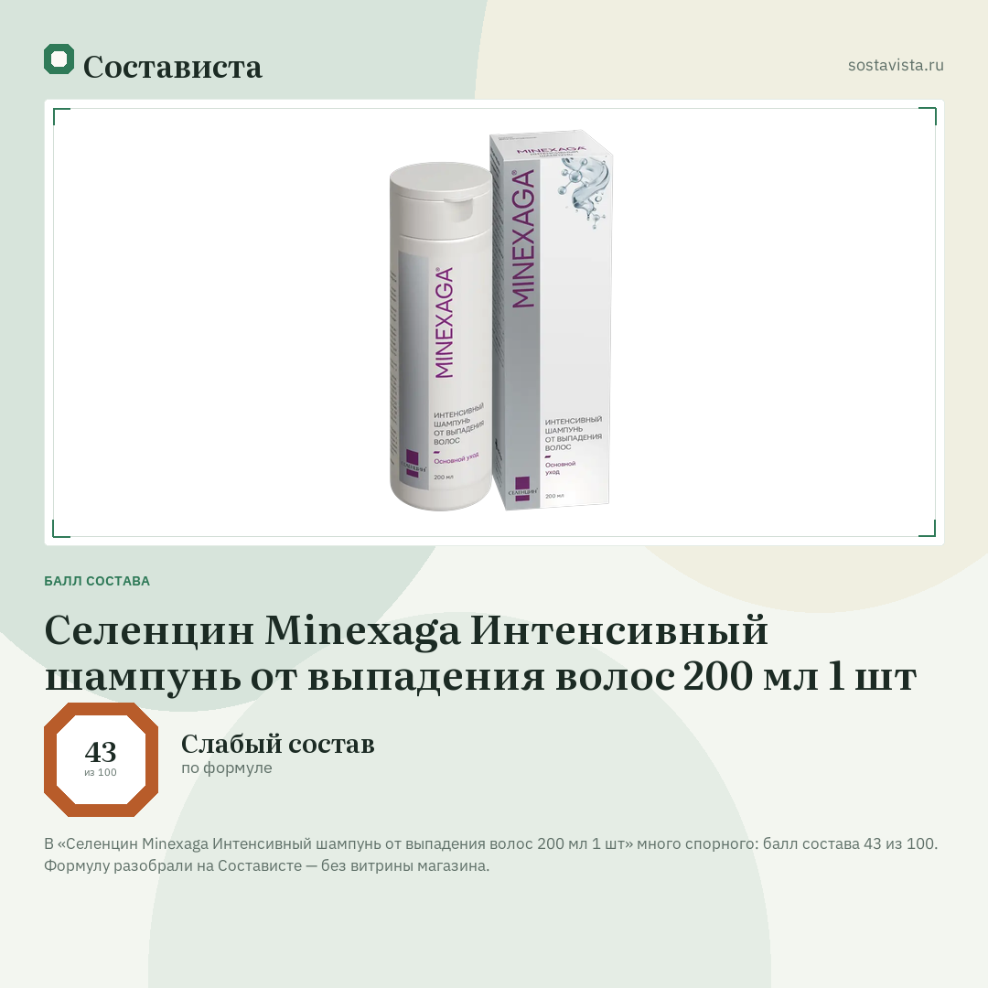 Селенцин Minexaga Интенсивный шампунь от выпадения волос 200 мл 1 шт: балл состава 43 из 100 — Состависта