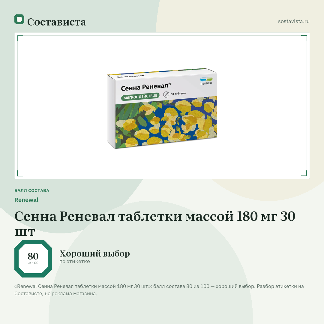 Renewal Сенна Реневал таблетки массой 180 мг 30 шт: балл состава 80 из 100 — Состависта
