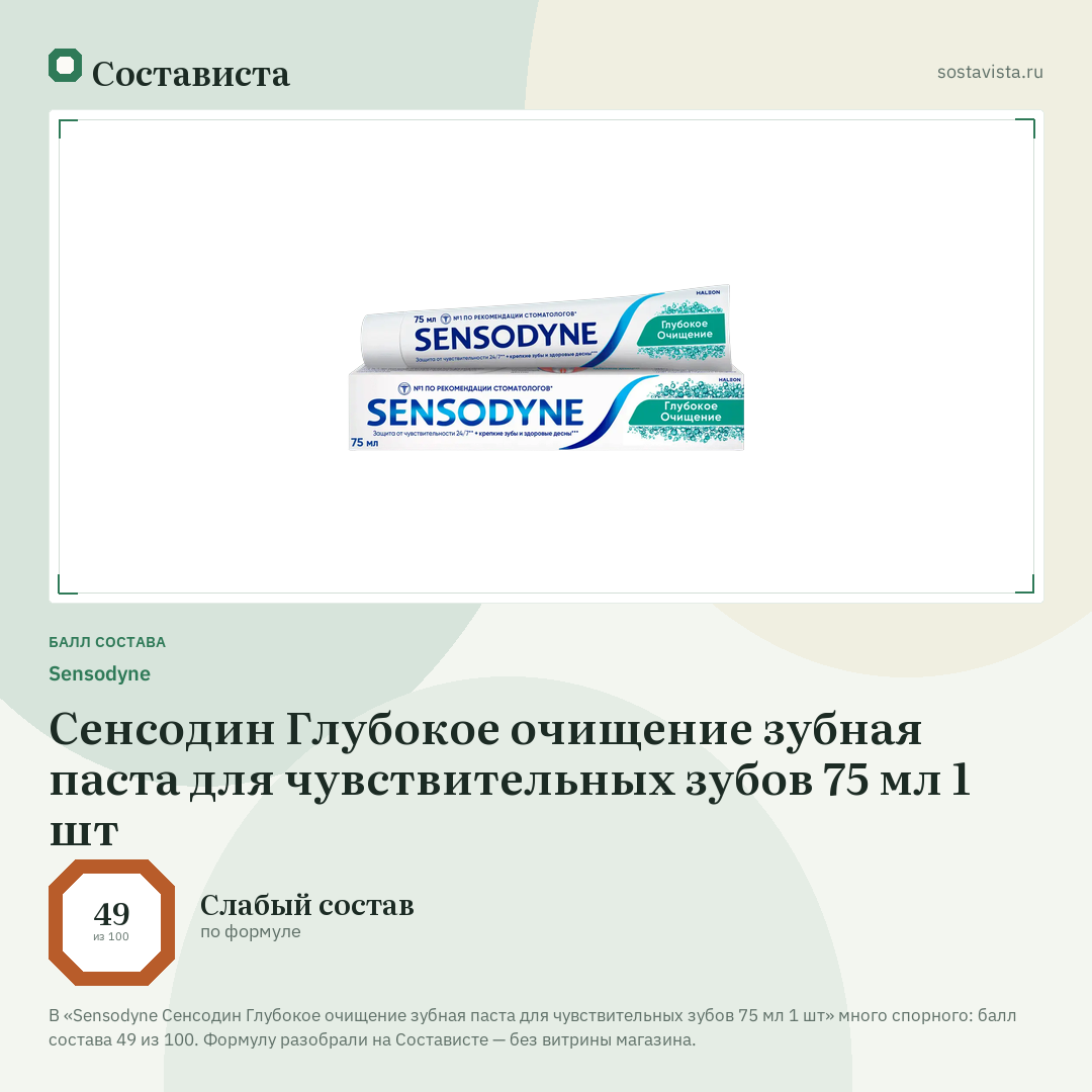 Sensodyne Сенсодин Глубокое очищение зубная паста для чувствительных зубов 75 мл 1 шт: балл состава 49 из 100 — Состависта