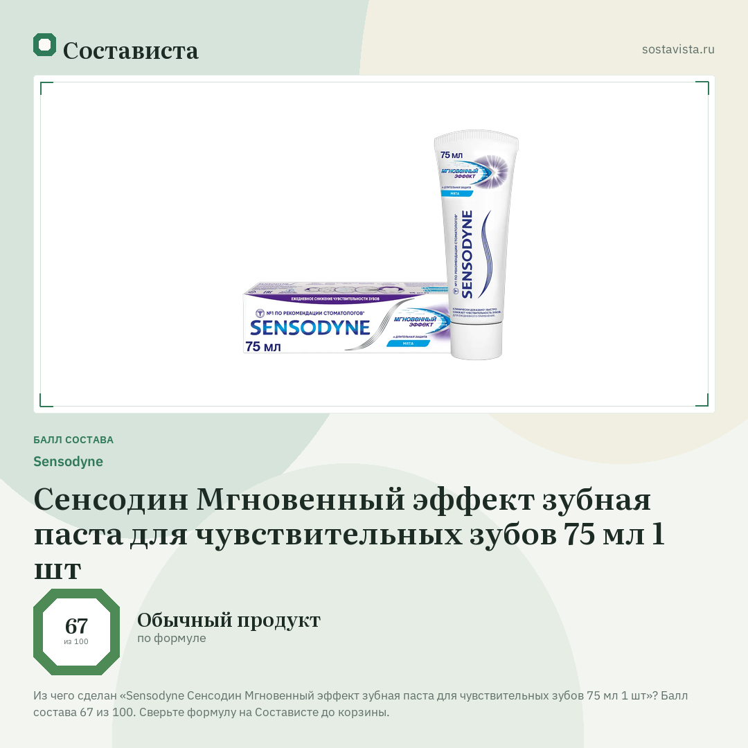 Sensodyne Сенсодин Мгновенный эффект зубная паста для чувствительных зубов 75 мл 1 шт: балл состава 67 из 100 — Состависта