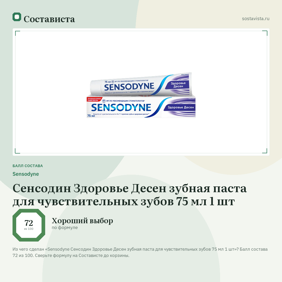 Sensodyne Сенсодин Здоровье Десен зубная паста для чувствительных зубов 75 мл 1 шт: балл состава 72 из 100 — Состависта