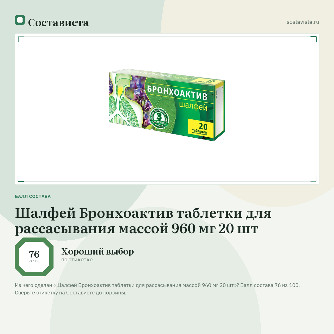 Шалфей Бронхоактив таблетки для рассасывания массой 960 мг 20 шт: балл состава 76 из 100 — Состависта
