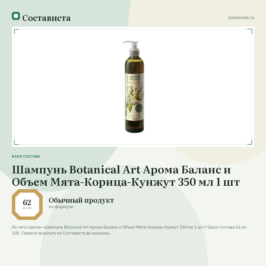 Шампунь Botanical Art Арома Баланс и Объем Мята-Корица-Кунжут 350 мл 1 шт: балл состава 62 из 100 — Состависта
