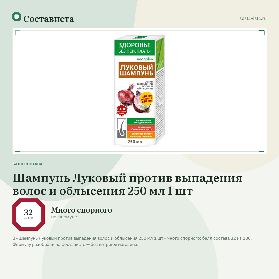 Шампунь Луковый против выпадения волос и облысения 250 мл 1 шт: балл состава 32 из 100 — Состависта