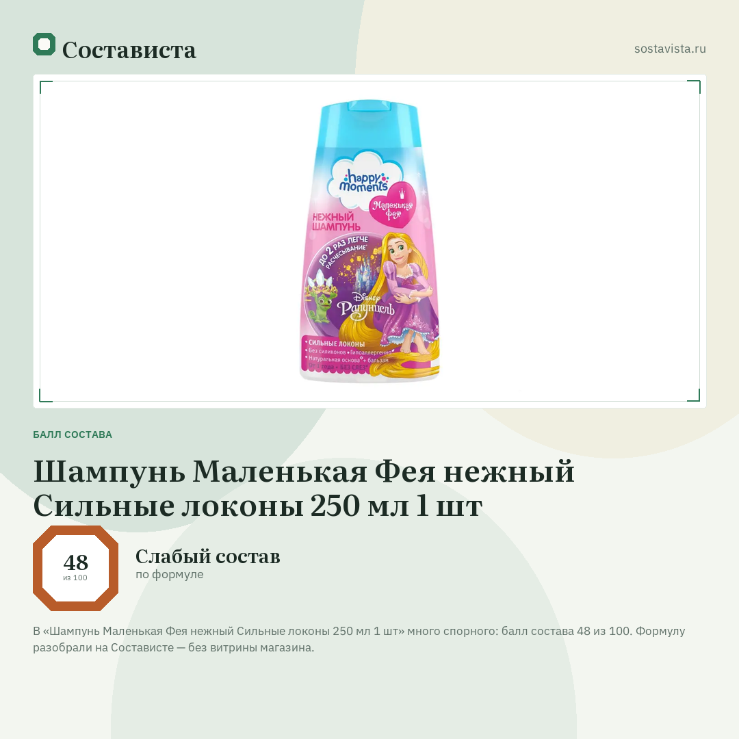Шампунь Маленькая Фея нежный Сильные локоны 250 мл 1 шт: балл состава 48 из 100 — Состависта