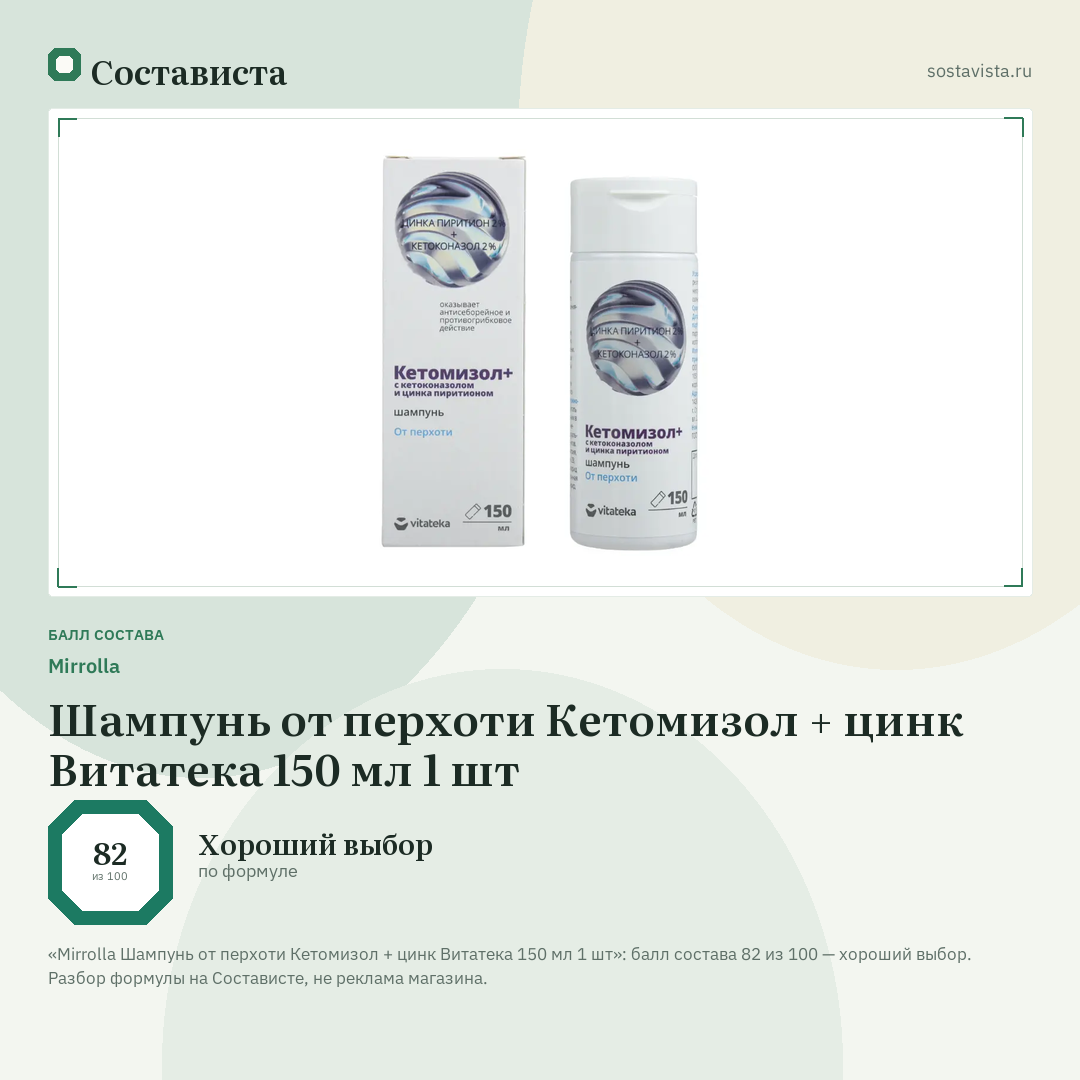 Mirrolla Шампунь от перхоти Кетомизол + цинк Витатека 150 мл 1 шт: балл состава 82 из 100 — Состависта